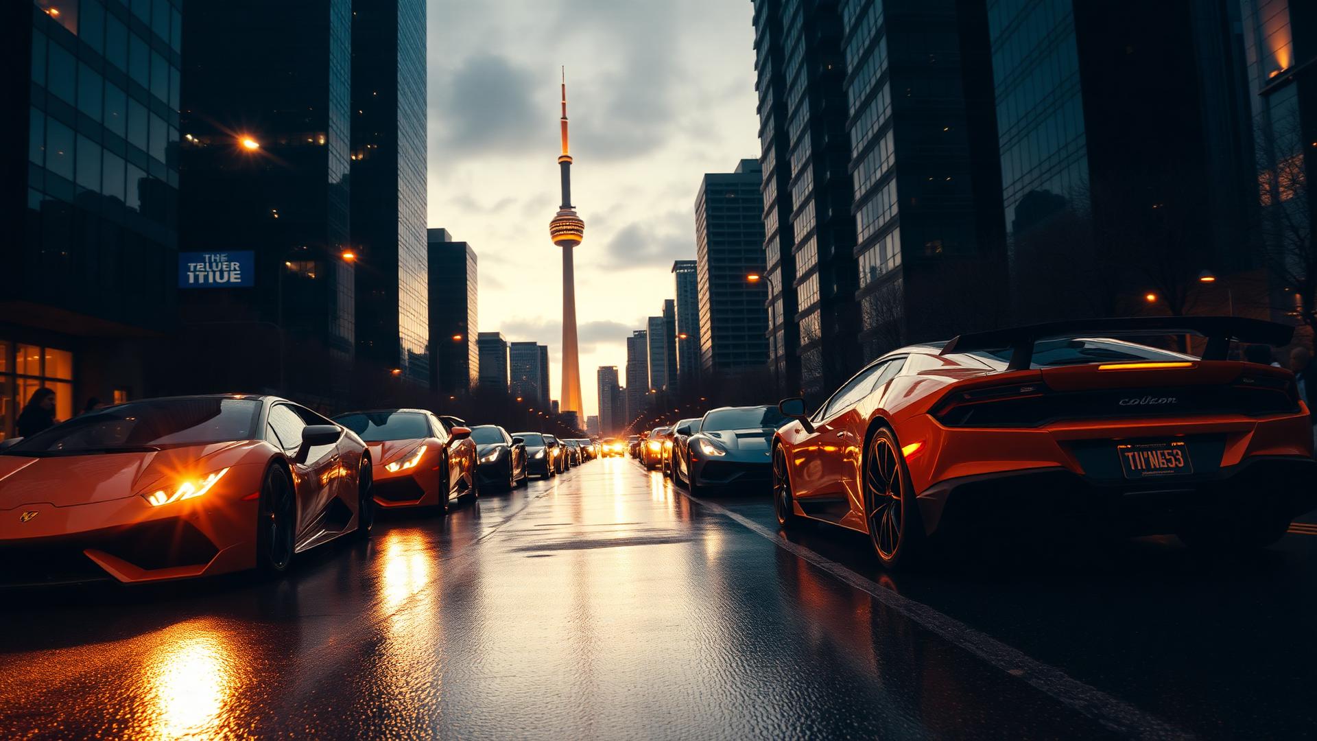 Luxury supercars on a Toronto street at dusk